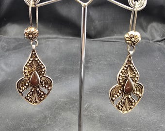Vintage Ethnic Old Silver Near Eastern Earrings With Agate Stone