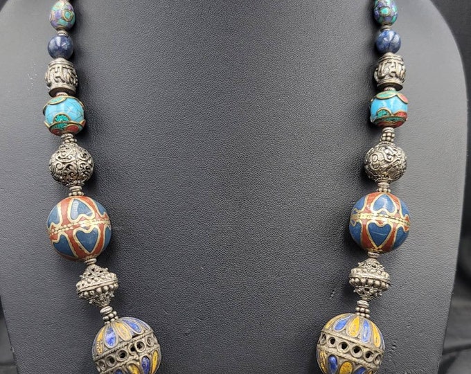 Beautiful Morakish Silver Enamel Beads Vintage Necklace With Old Authentic Stones