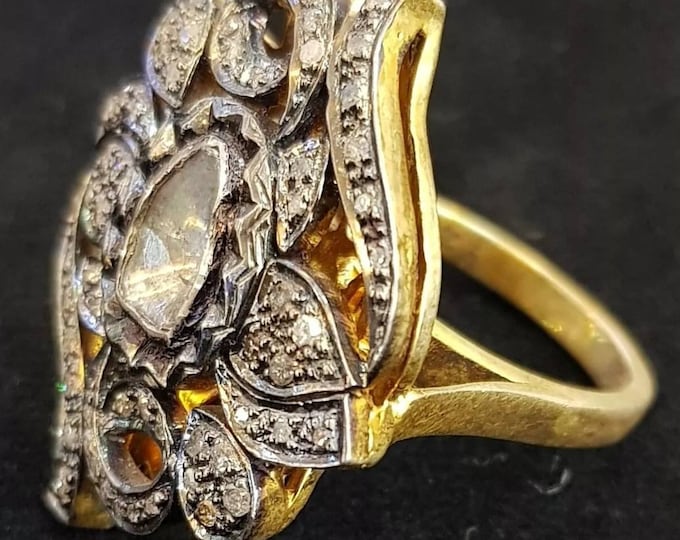 STUNNING RING !Natural Rose Cut Daimond Silver Gold Plated Victorian Design Ring