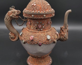 Handicraft Unique Brass Vintage Gold Gulding Teapot With Clear Crystal Quratz And Other Gemstone