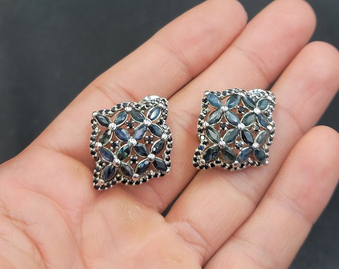 Very Beautiful High Quality Natural Bule Sapphire And Black Spinal Gemstone Sterling Silver Earrings