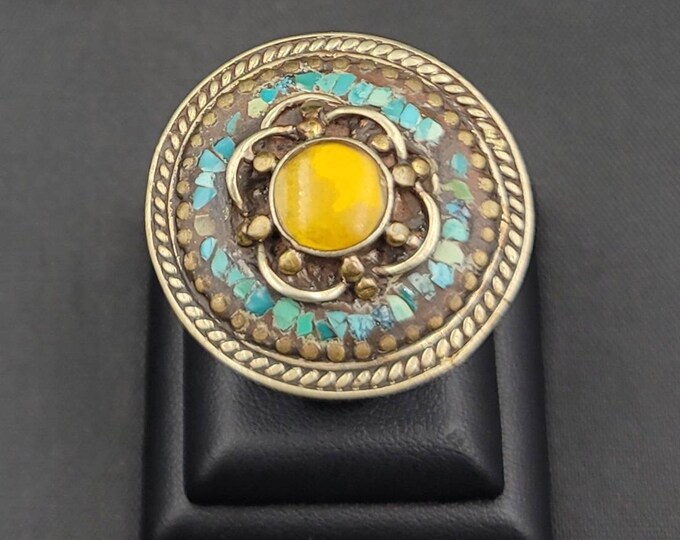 Vintage Beautiful Tibeten Old Silver Wonderful Ring With Yellow Copal And Turquoise Stone
