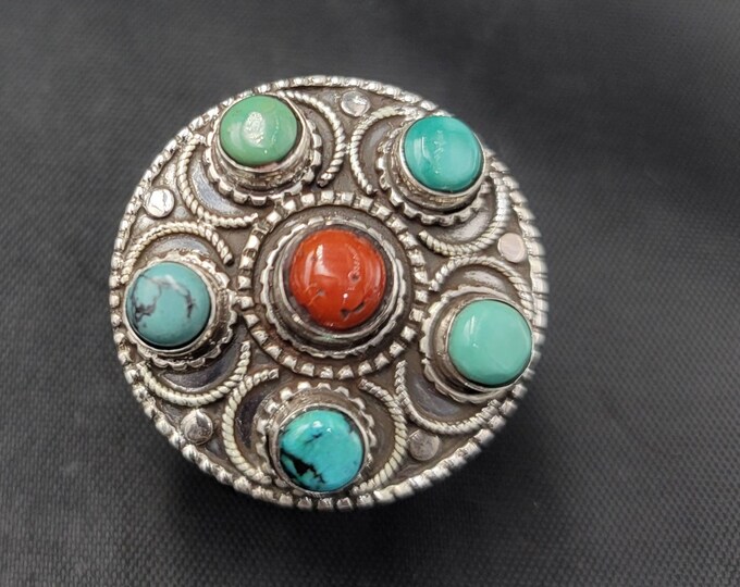 Beautiful Handmade Authentic Silver Ring With Natural Native American Turquoise And Coral Stone