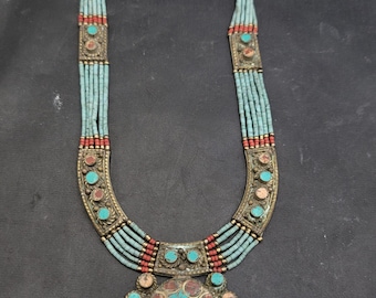 Vintage Tibetan Silver Necklace: Turquoise & Coral Gemstone, Handmade