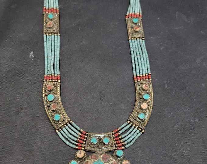 Amizing Vintage Tibeten Silver Wonderful Natural Turquoise And Coral Stone Necklace