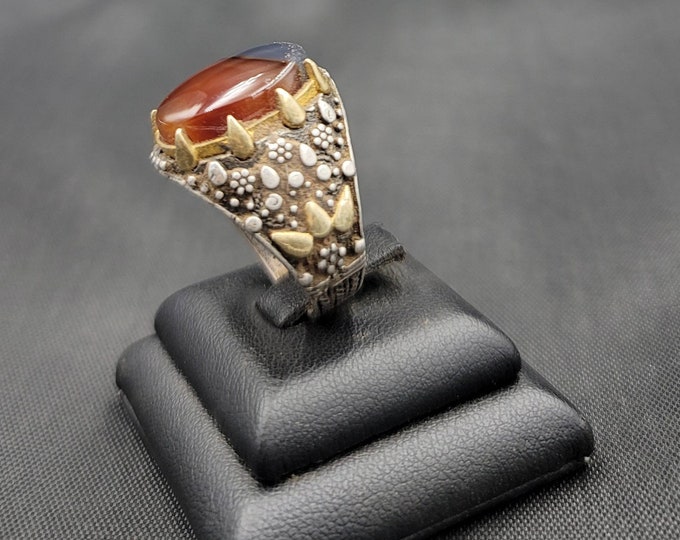 Super Gorgeous Mid Eastern Authentic Silver With Gold Gulding Old Ring With Natural Agate Stone