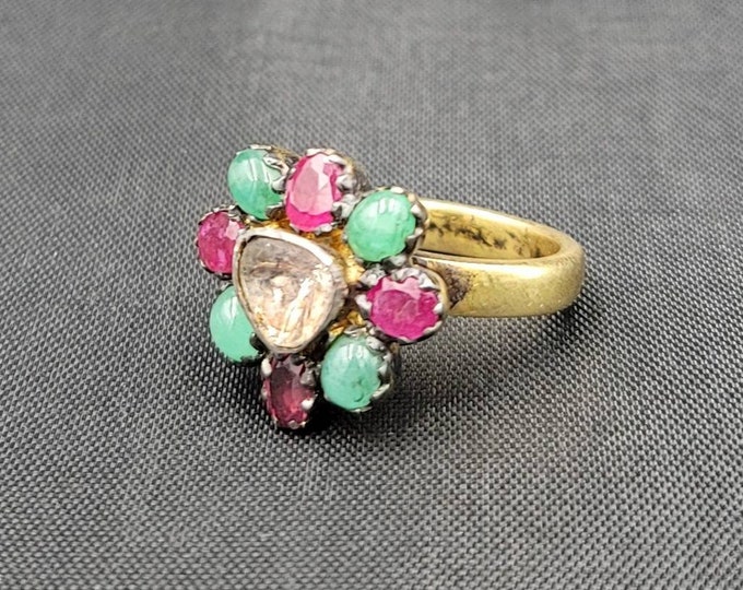 Natural Rough Daimond Beautiful 20k Gold Over Silver With Ruby And Emerald Gemstone