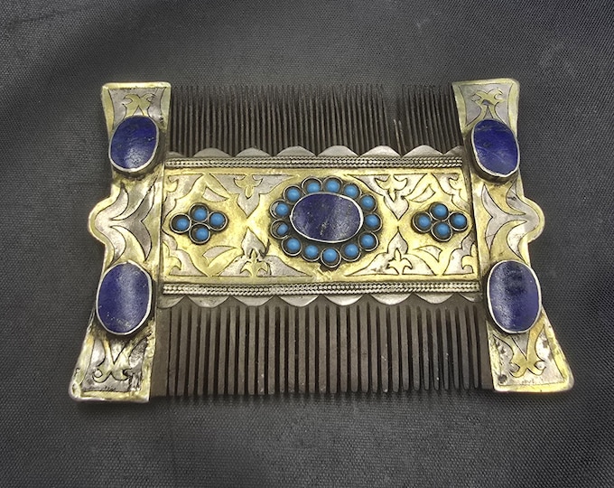 Antique Turkmani Silver Comb: Lapis Lazuli & Turquoise, Afghanistan