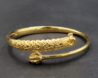 Handmade 20k Gold Over Silver Peacock Bangle - Adjustable Vintage Bracelet