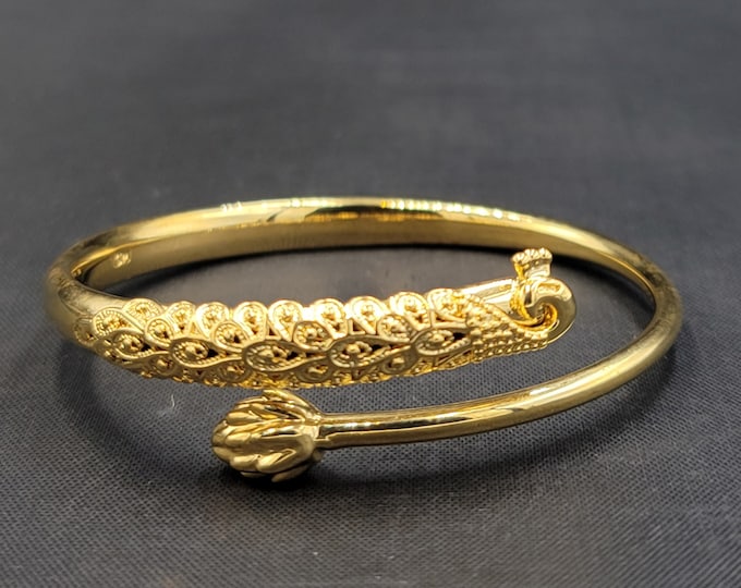 Beautiful PeeCock Bangle 20k Gold Over Silver Vintage Bangle Handmade Authentic Bracelet Adjustable