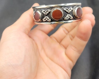 Bracelet Vintage En Argent Sterling Avec Grande Agate - Bijou Ancien - France