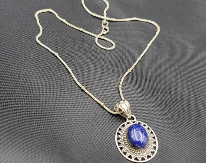Natural Afghanistan Lapis Lazuli Stone Vintage Silver Handmade Pendant With Silver Chain