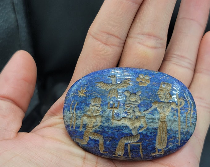 4th Century B.C Ancient Sumerian King Gilgamesh Image Intaglio With Early Form Of Writing Tablet Lapis Lazuli Stone