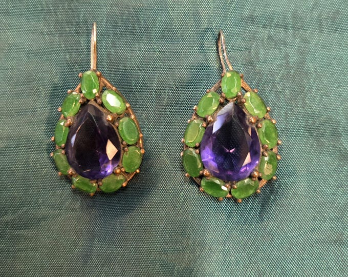 Amethyst and Green Jade Gemstone Silver and Brass Earrings