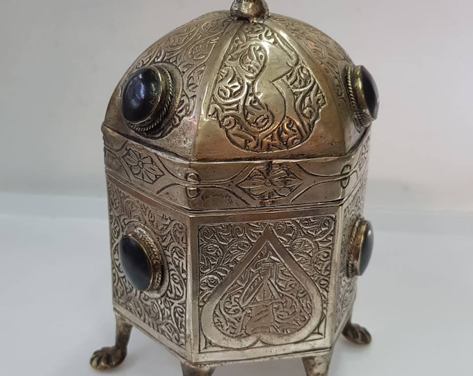 Unique Islamic Iscription Calligraphy Antique Egyptian Mix Silver Box Black Agate Gemstone Stone