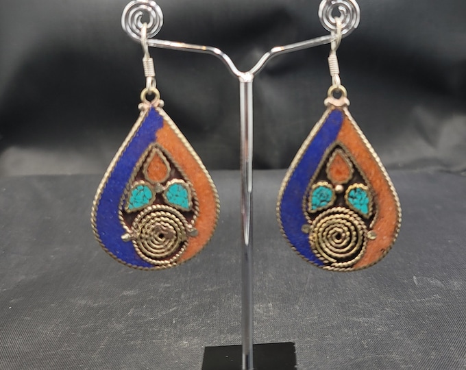 Handmade Tibeten Silver Vintage Silver Earrings With Natural Lapis Lazuli Turquoise And Coral Stone