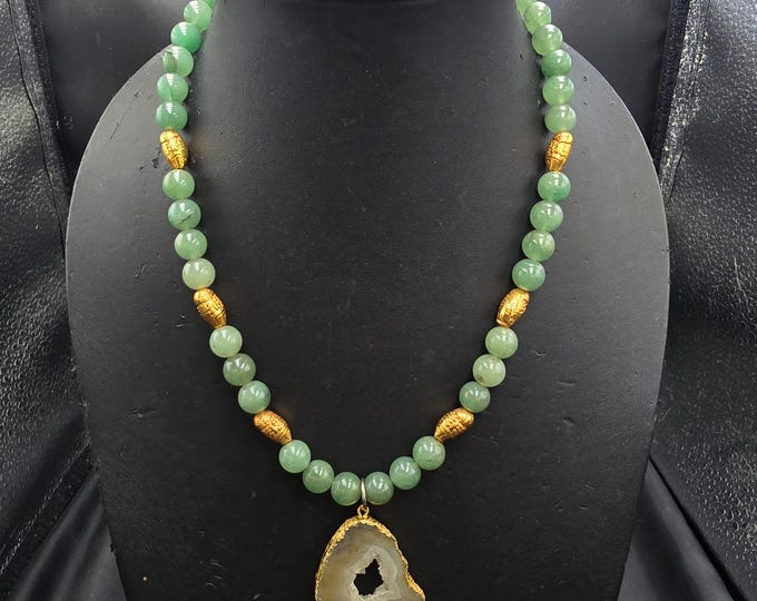 Vintage Mughal Carved Jade Bead Necklace with Gold Gulding Beads and Stone Pendant