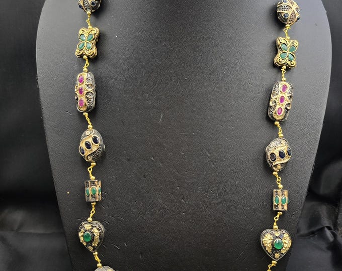 Wonderful Silver Mix Gold Plated Mughal Empire Authentic Necklace With Natural Gemstones