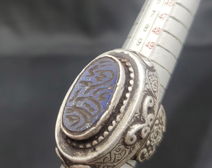 Vintage Silver Huge Ring With Lapis Lazuli Stone Blessing iscarption Intaglio Unique Silver Ring