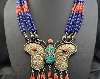 Beautiful Unique Butterfly Old Tibeten Design Silver Unique Necklace With Turquoise Coral Stone And Lapis Lazuli