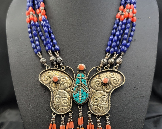 Beautiful Unique Butterfly Old Tibeten Design Silver Unique Necklace With Turquoise Coral Stone And Lapis Lazuli