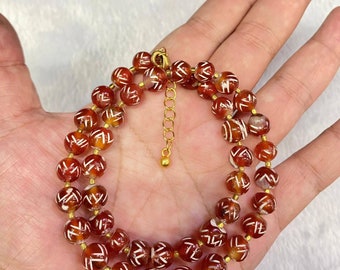 Ancient Etched Carnelian Round Beads Necklace Mala Cira 1000 BCE-200 AD