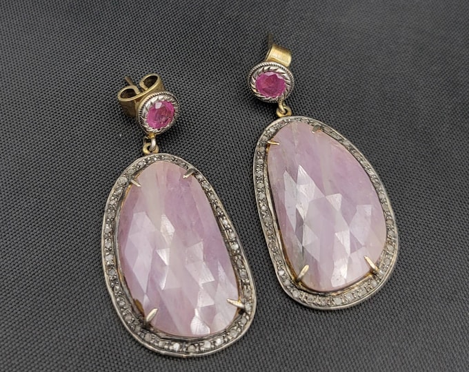 Genuine Pinkish Natural Sapphire With Red Ruby Gemstone And DAIMOND Surround Silver Gold Gulding Earrings