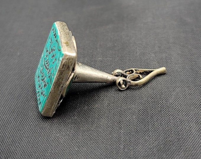 Ancient Old Turquoise Islamic Calligraphy Carved Old Silver Stamp Pendant