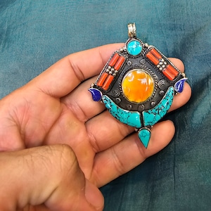 Handmade Silver Tibeten Design Pendant With Natural Turquoise And Coral