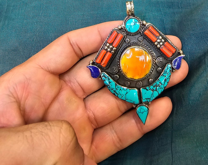 Handmade Silver Tibeten Design Pendant With Natural Turquoise And Coral