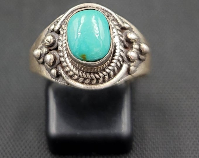 Vintage Old Silver Nepal Ring With Natural Turquoise Stone