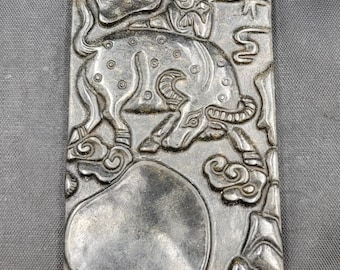 Ancient Black Jade Stone Tablet: Carved Bull Intaglio