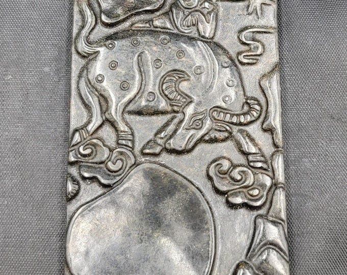 Ancient Black Jade Stone  Tablet Beautiful Bull Intaglio Carved Unique
