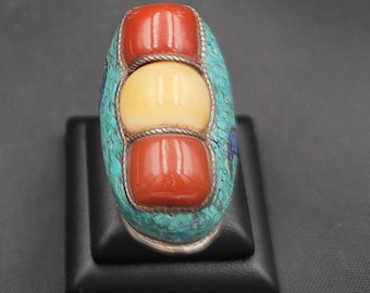 Beautiful Vintage Silver Big Baho Ring With Natural Copal And Coral Stone