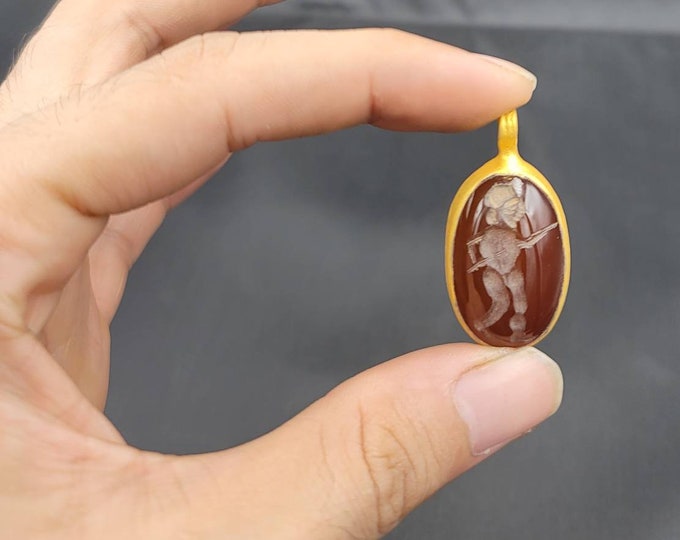 Ancient Old Agate Stone Gold Gulding Pendant Roman King Intaglio