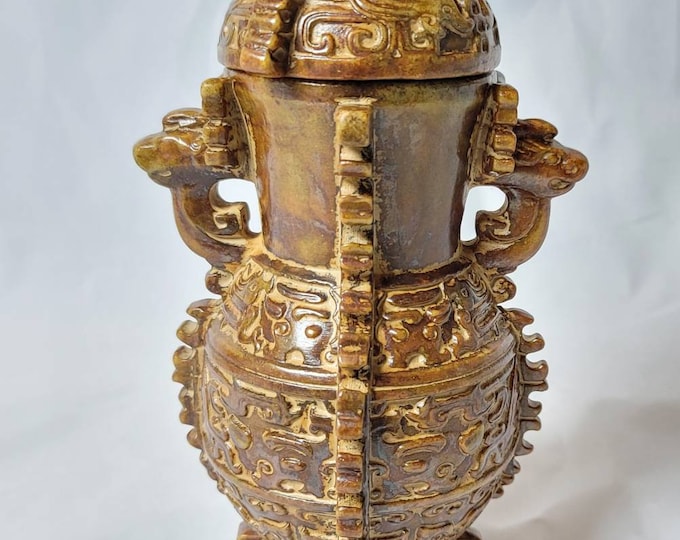 Beautiful Antique Tibetan Old Brown Jade Decorative Art Unique Carved Pot