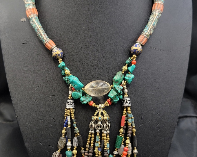 Lovely Antique Quality Boho Tibeten Turquoise And Coral Old Silver Necklace