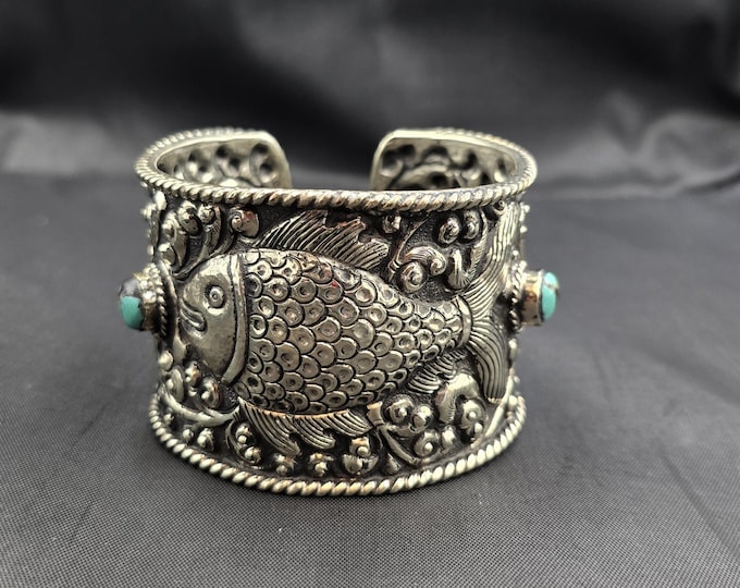Handmade Carved Silver Fish Bangle: Turquoise Stone, Tibetan Style
