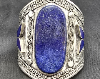 Antique Silver Afghanistan Bangle with Natural Lapis Lazuli