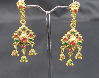 Vintage Gold Plated Silver Earrings: Multi Gemstone Dangle Earrings