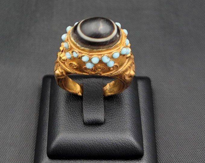 Antique Unique Ancient Agate Stone Evil Eyes Powerful Protection 20k Gold Antique Beautiful Mughal Empire Ring