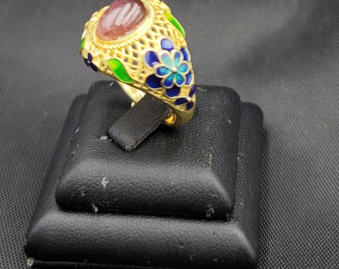Near Eastern Vintage Ring Gold on Silver Enamel Work With Natural Ruby Gemstone Adjustable Ring
