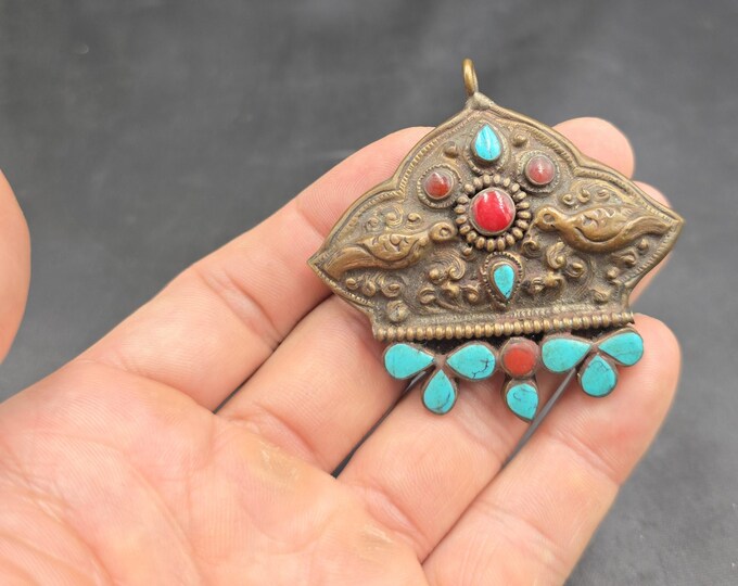 Super Gorgeous Authentic Brass Vintage Pendant With Natural Turquoise And Coral Stone