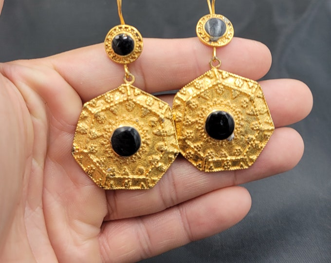 Gold Polish Beautiful Vintage Afghanistan Earrings with Black Agate Stone
