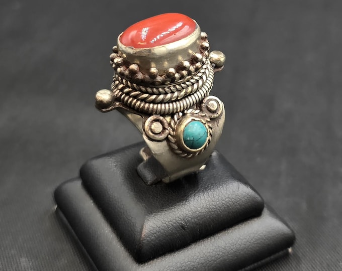 Vintage Handmade Sterling Silver Coral Ring - Adjustable