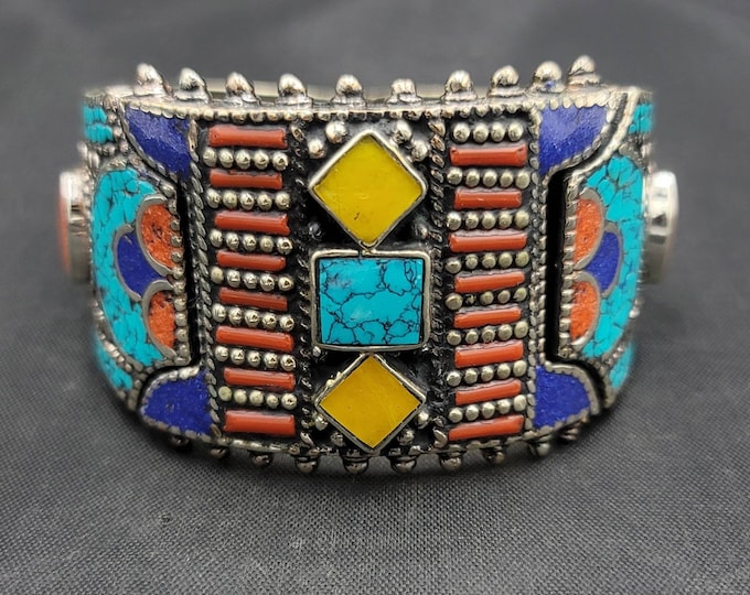 Vintage Beautiful Tibeten Silver Bangle Bracelet With Natural Turquoise Coral And Lapis Lazuli Stone