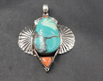 Vintage Silver Pendant: Turquoise & Coral, Near Eastern Design