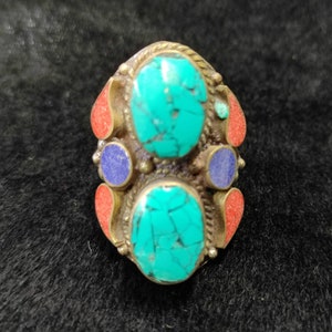 Vintage Alpaka Silver Ring With Turquoise Coral And Lapis Lazuli Stone