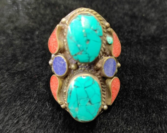 Vintage Alpaka Silver Ring With Turquoise Coral And Lapis Lazuli Stone