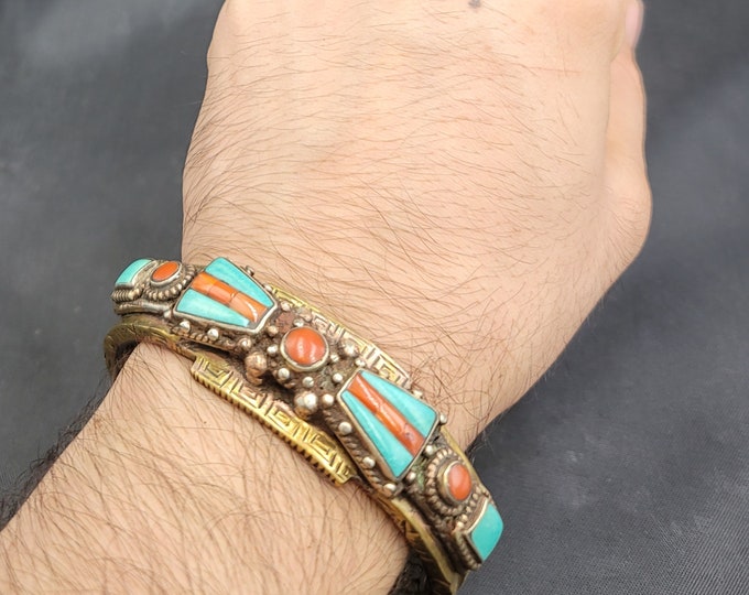 Authentic Silver Euthic Tibeten Silver Bangle Bracelet With Natural Turquoise Coral